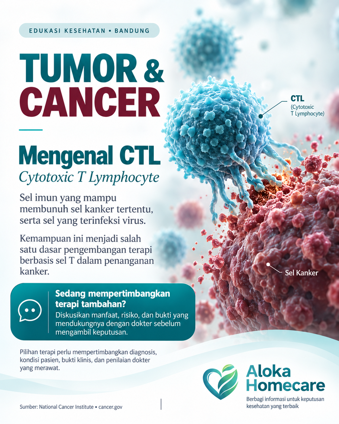 Materi edukasi Aloka tentang CTL, tumor dan cancer dengan ilustrasi konseptual sel imun.